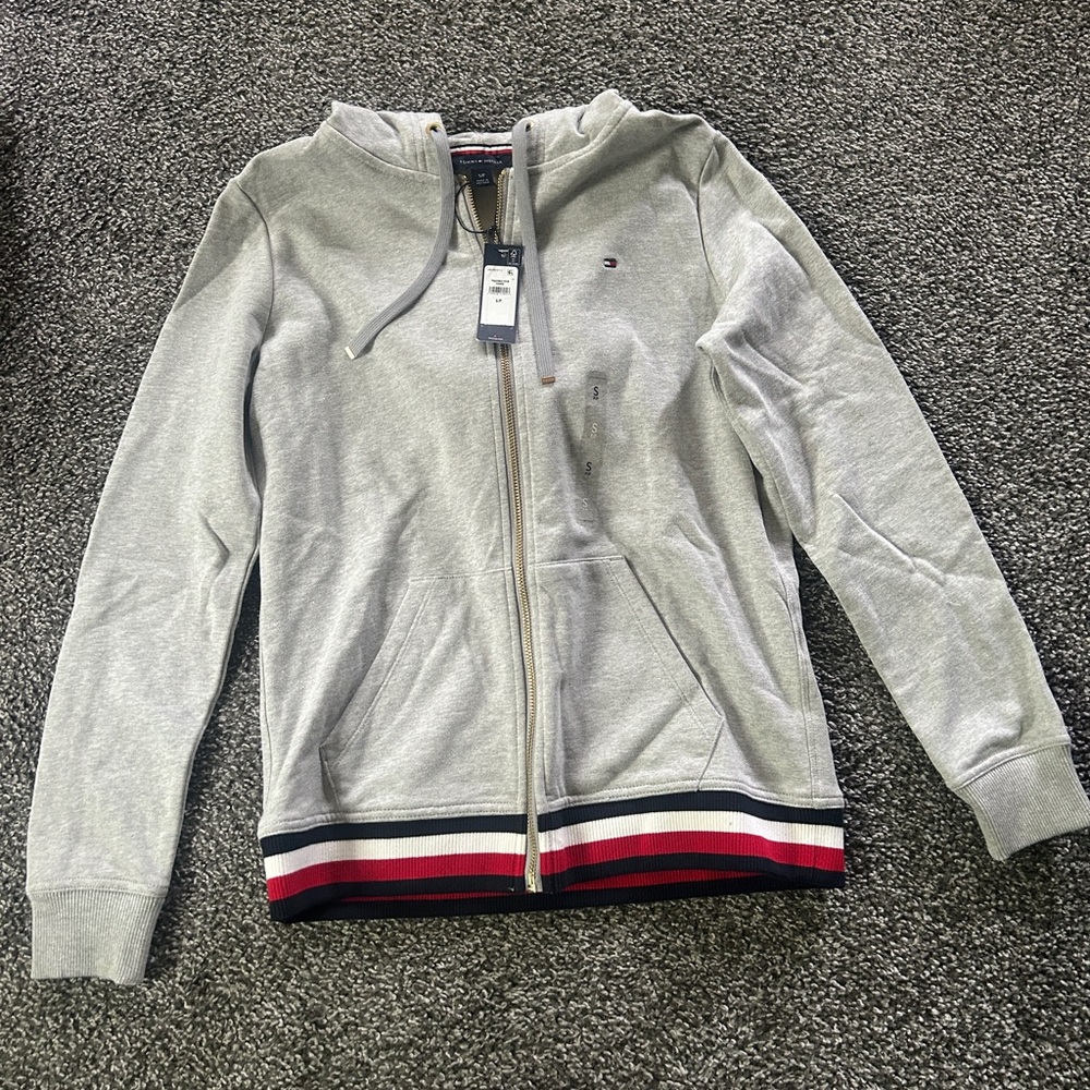 NWT Tommy Hilfiger Light Gray Hoodie with Striped Hem